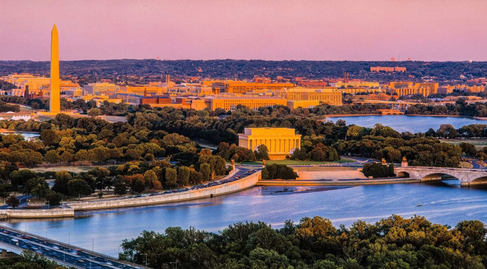 Aerial view of the National Mall and the Potomac at dusk