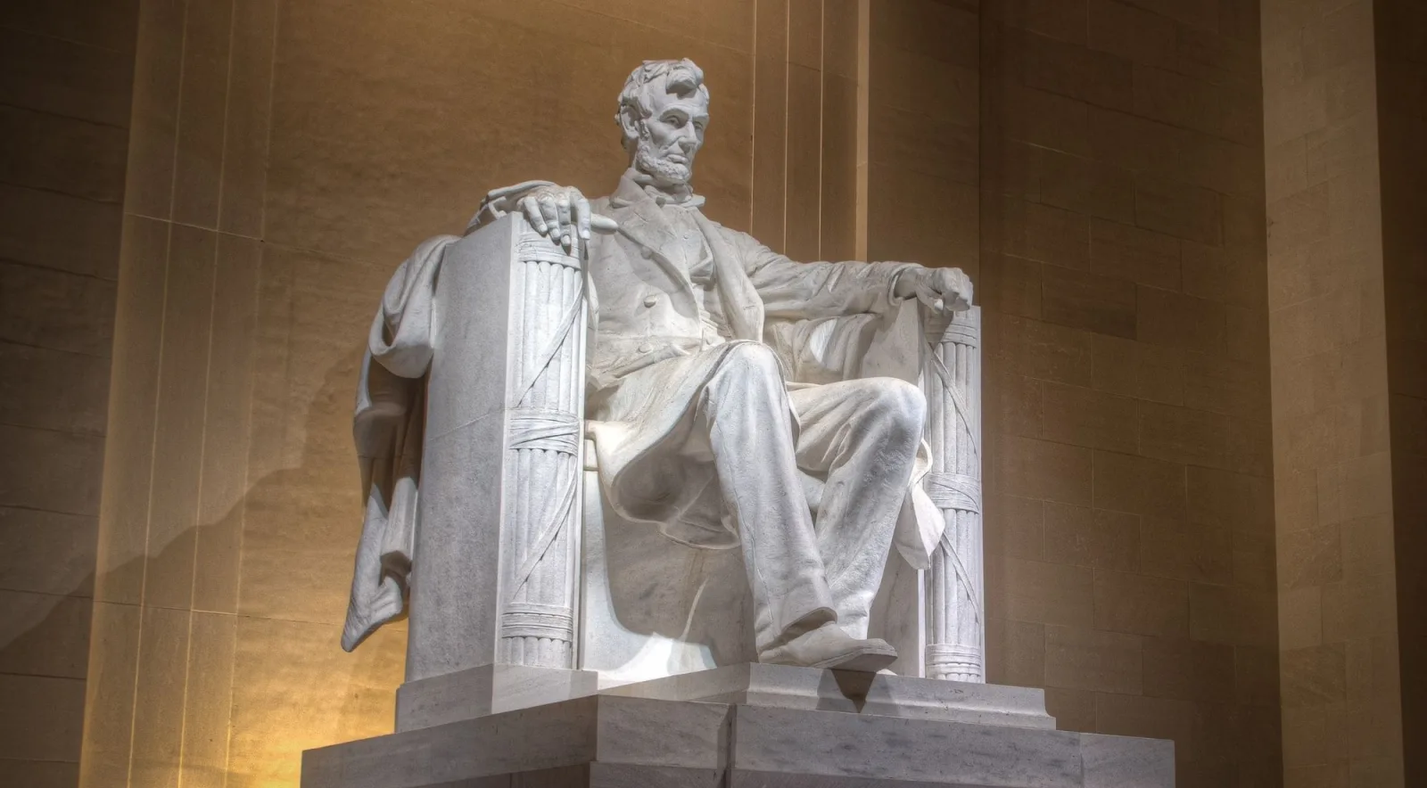 The seated statue of Abraham Lincoln inside the Lincoln Memorial