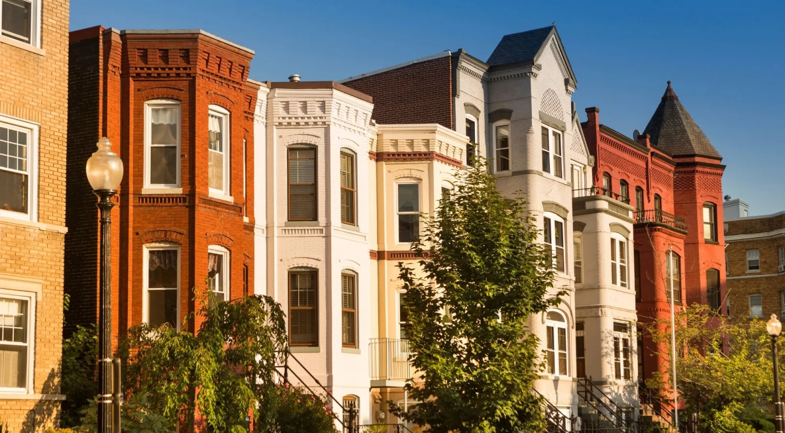 Colourful Victorian row houses on a residential Washington street