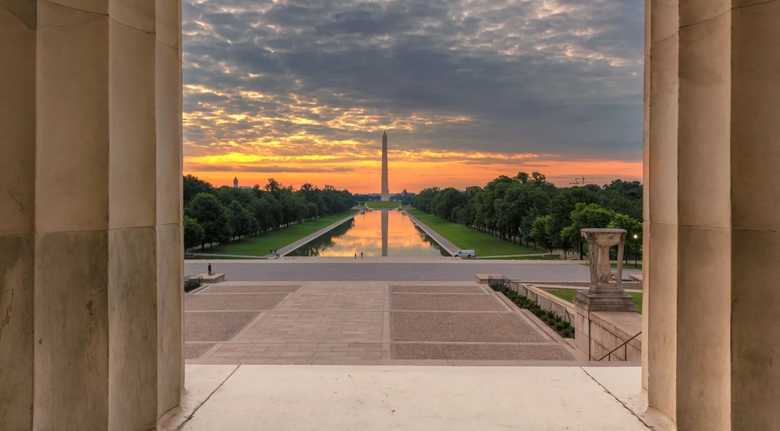 View from the Lincoln Memorial steps along the Reflecting Pool at sunrise