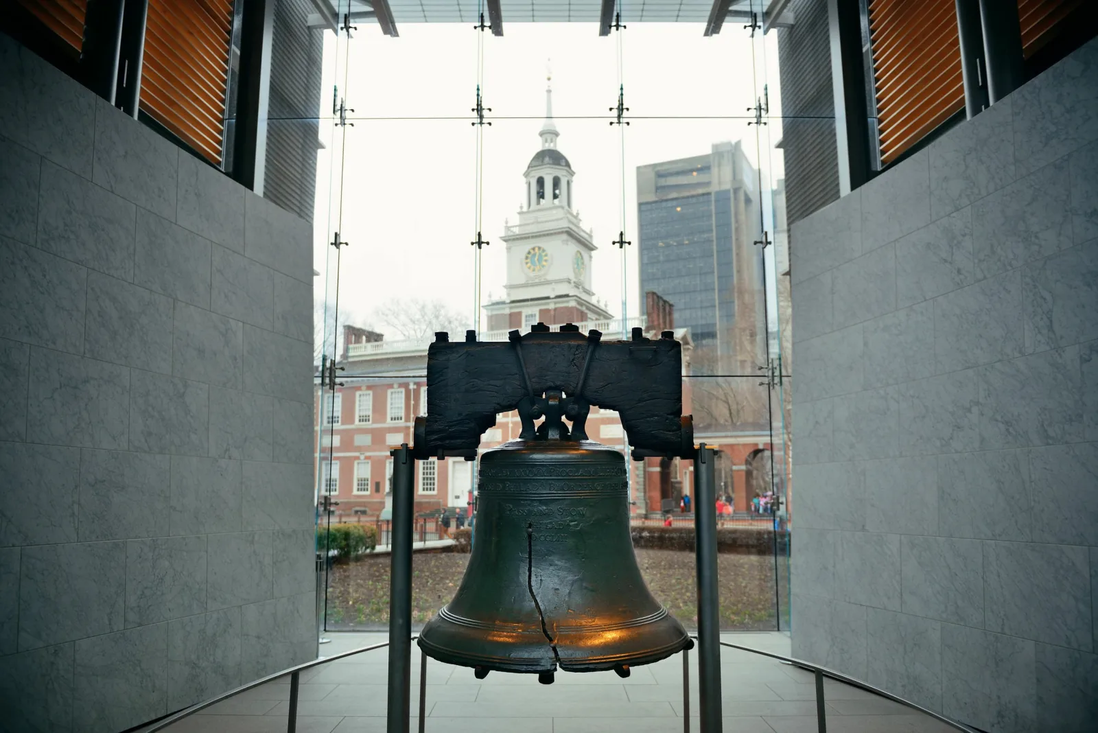The Liberty Bell in its glass pavilion in Philadelphia