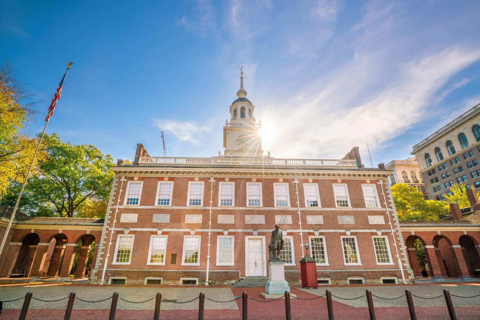 Independence Hall in Philadelphia under a blue sky