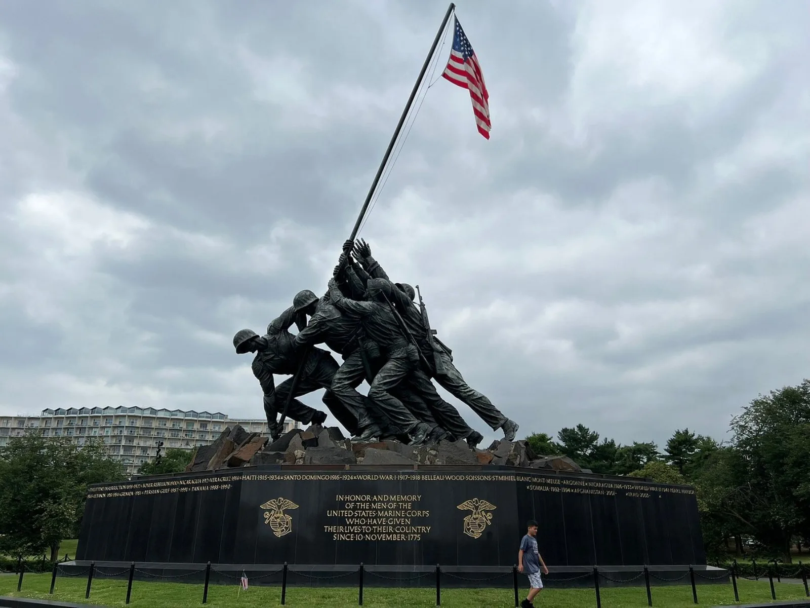The U.S. Marine Corps War Memorial under grey skies