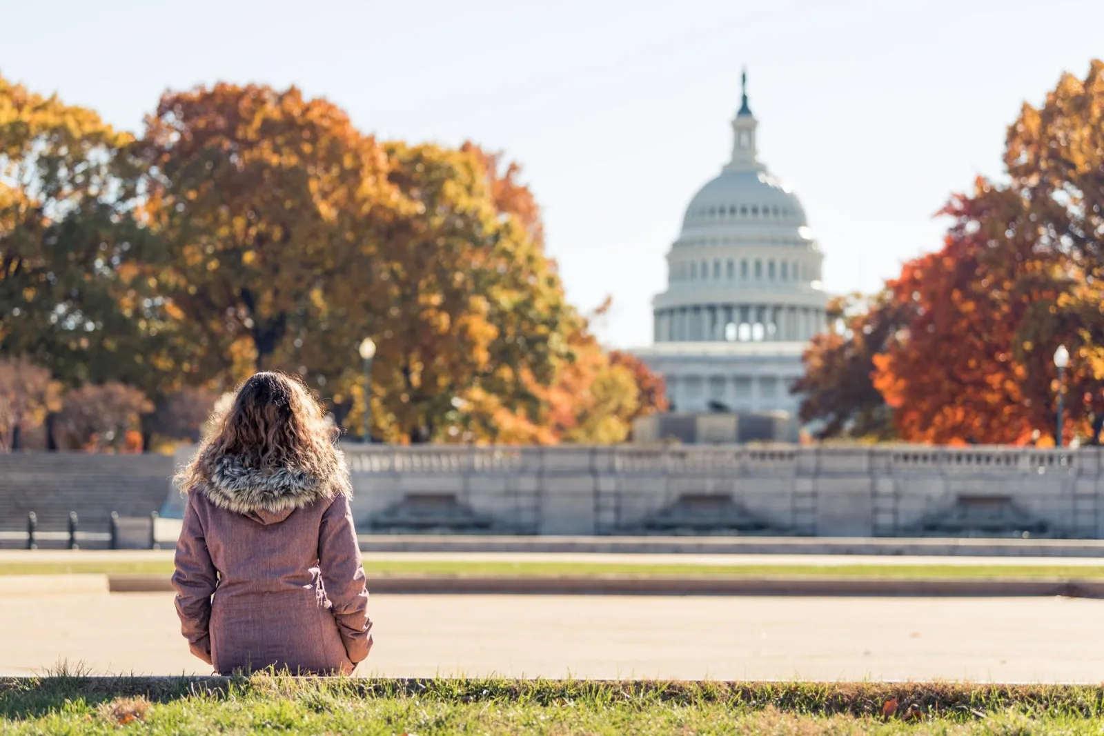 A visitor looking across the Capitol grounds in autumn
